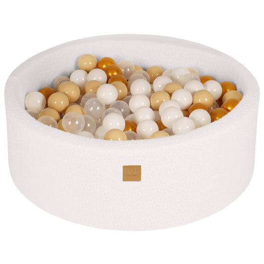 Round Ball Pit with 200 Gold/Beige/White/Transparent balls, 90x30cm - White Boucle