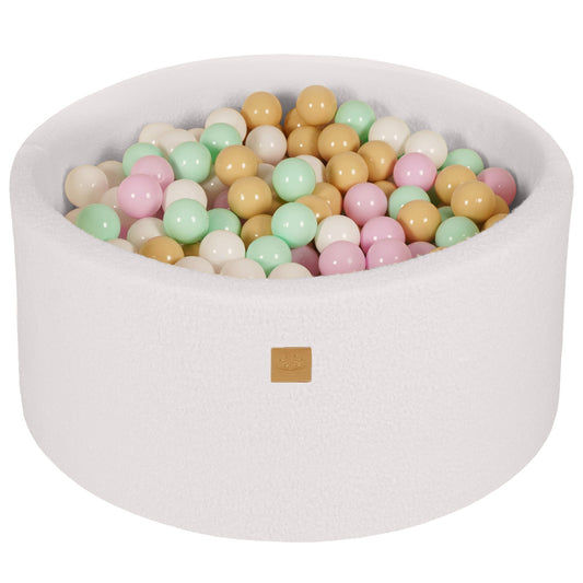 Round Ball Pit with 300 Pastel pink/Mint/White/Beige balls, 90x40cm - White Boucle