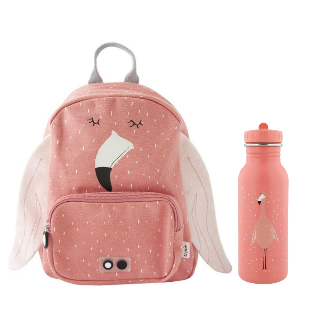 Trixie Baby - Kinderrucksack und Flasche 500 ml | Flamingo - Panda Pals