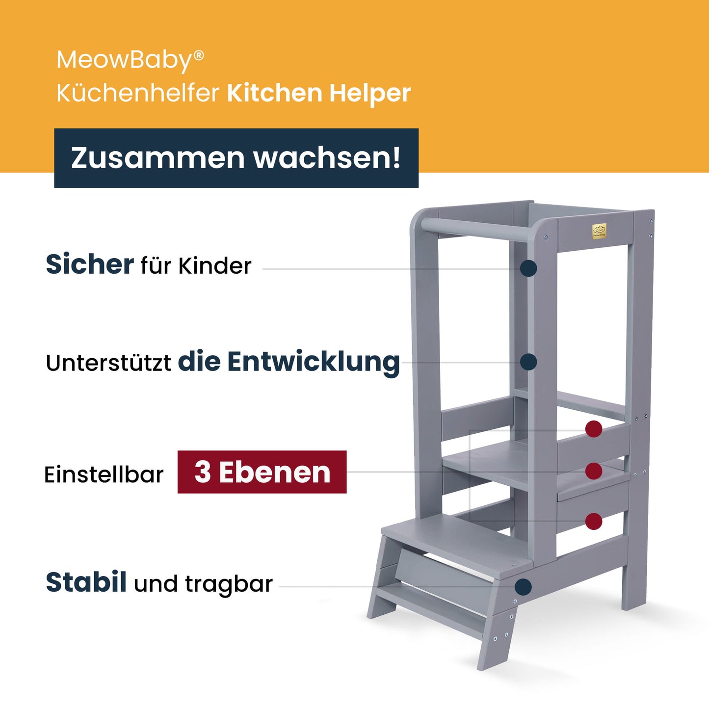 MeowBaby - Montessori Lernturm | Schwarz - Panda Pals