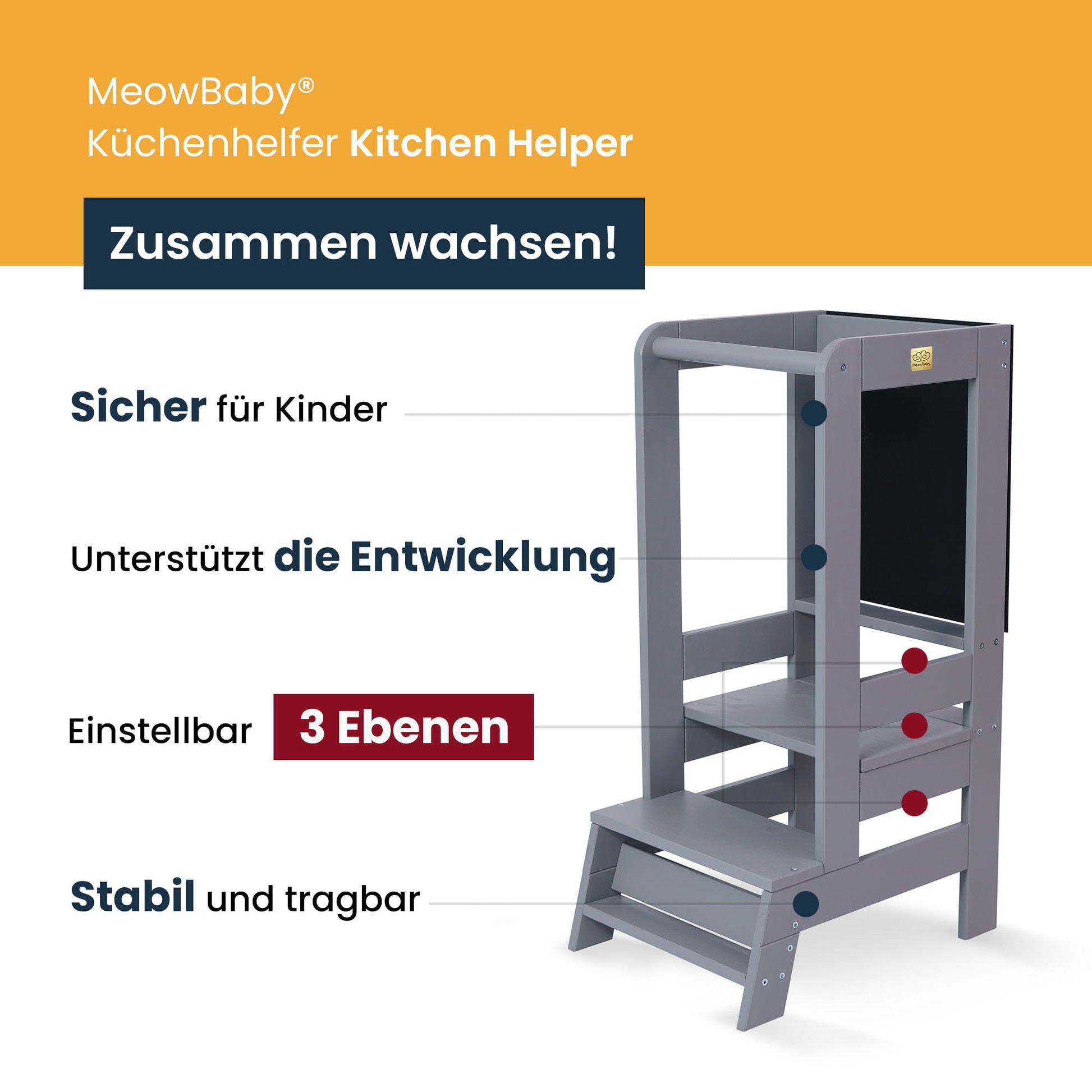 MeowBaby - Montessori Lernturm | Schwarz mit Tafel - Panda Pals